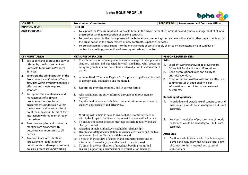 Bpha ROLE PROFILE