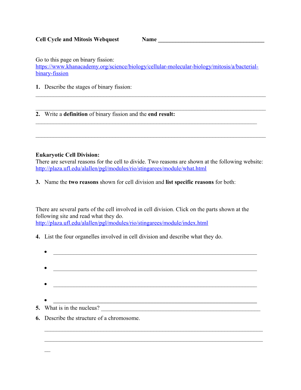 Cell Cycle And Mitosis Webquest