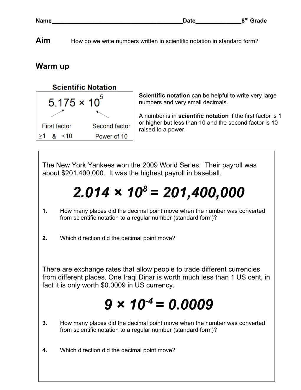Changing Numbers from Scientific Notation to Standard Form