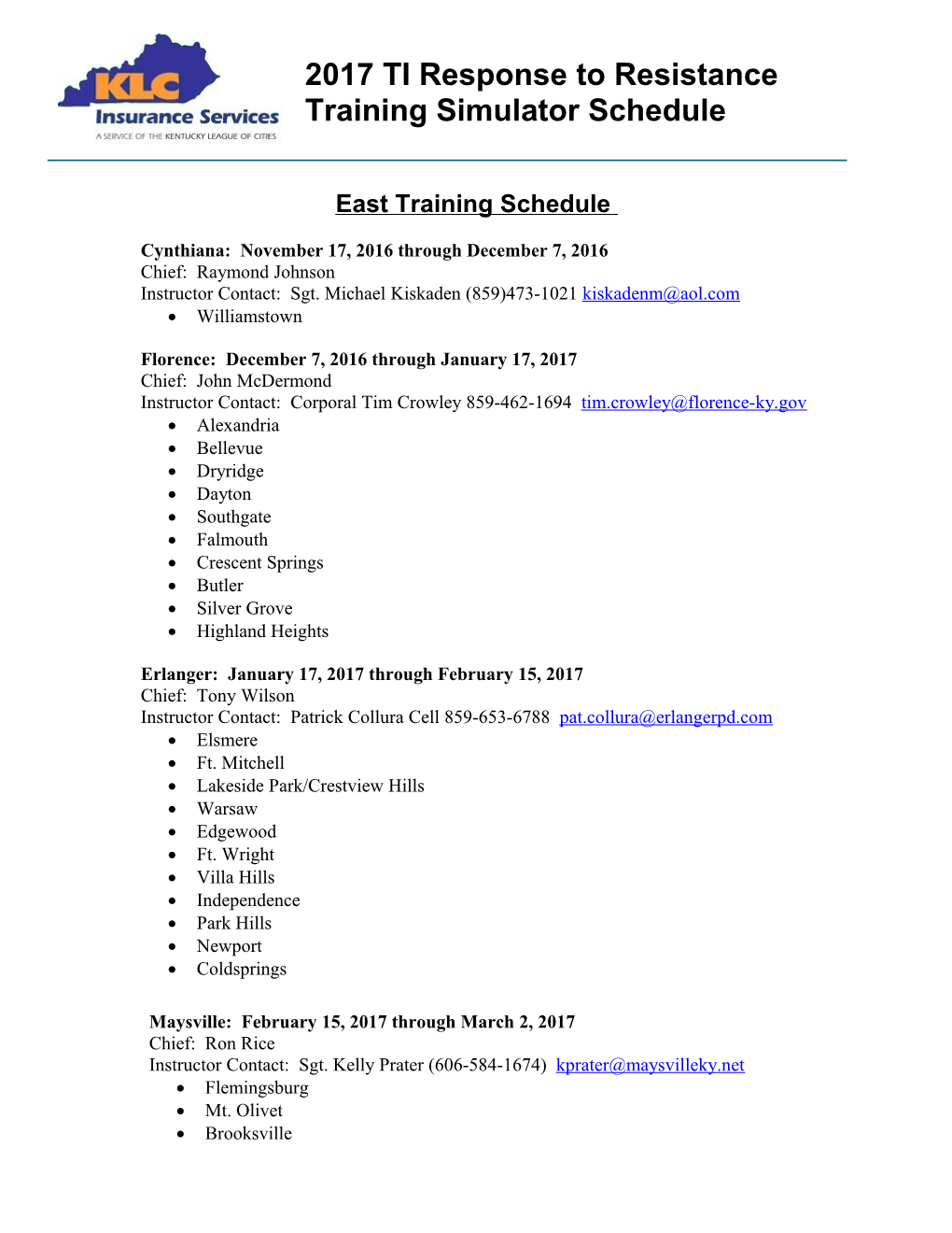 East Training Schedule