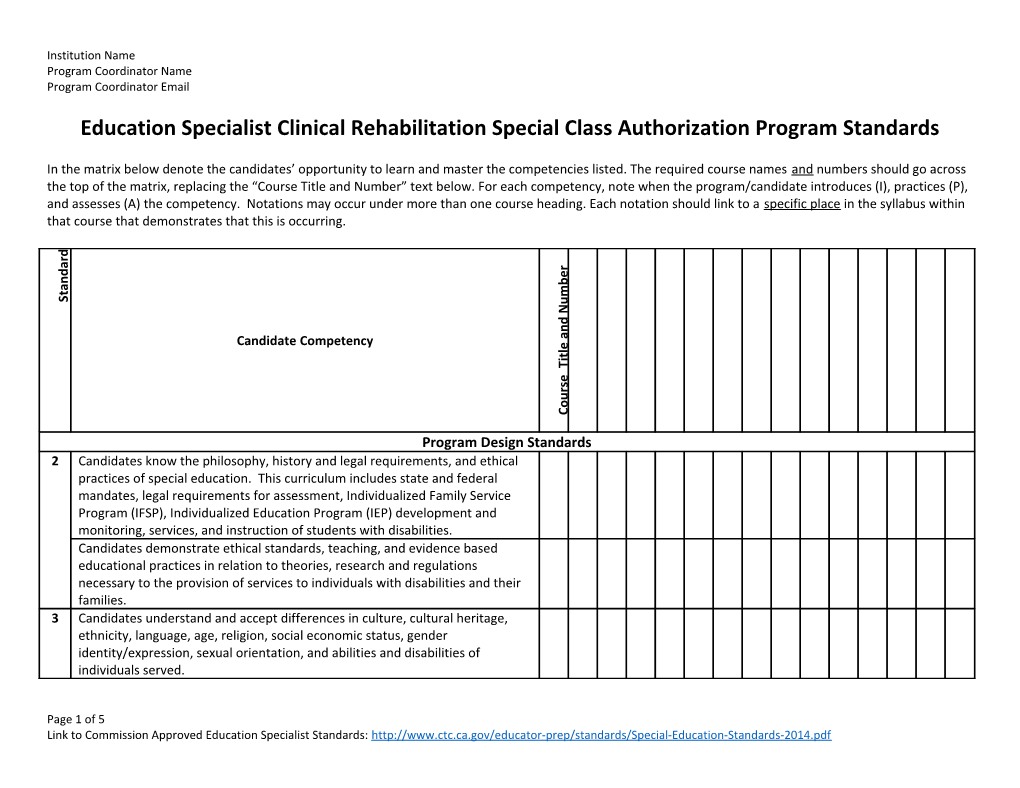 Education Specialist Clinical Rehabilitation Special Class Authorization Program Standards