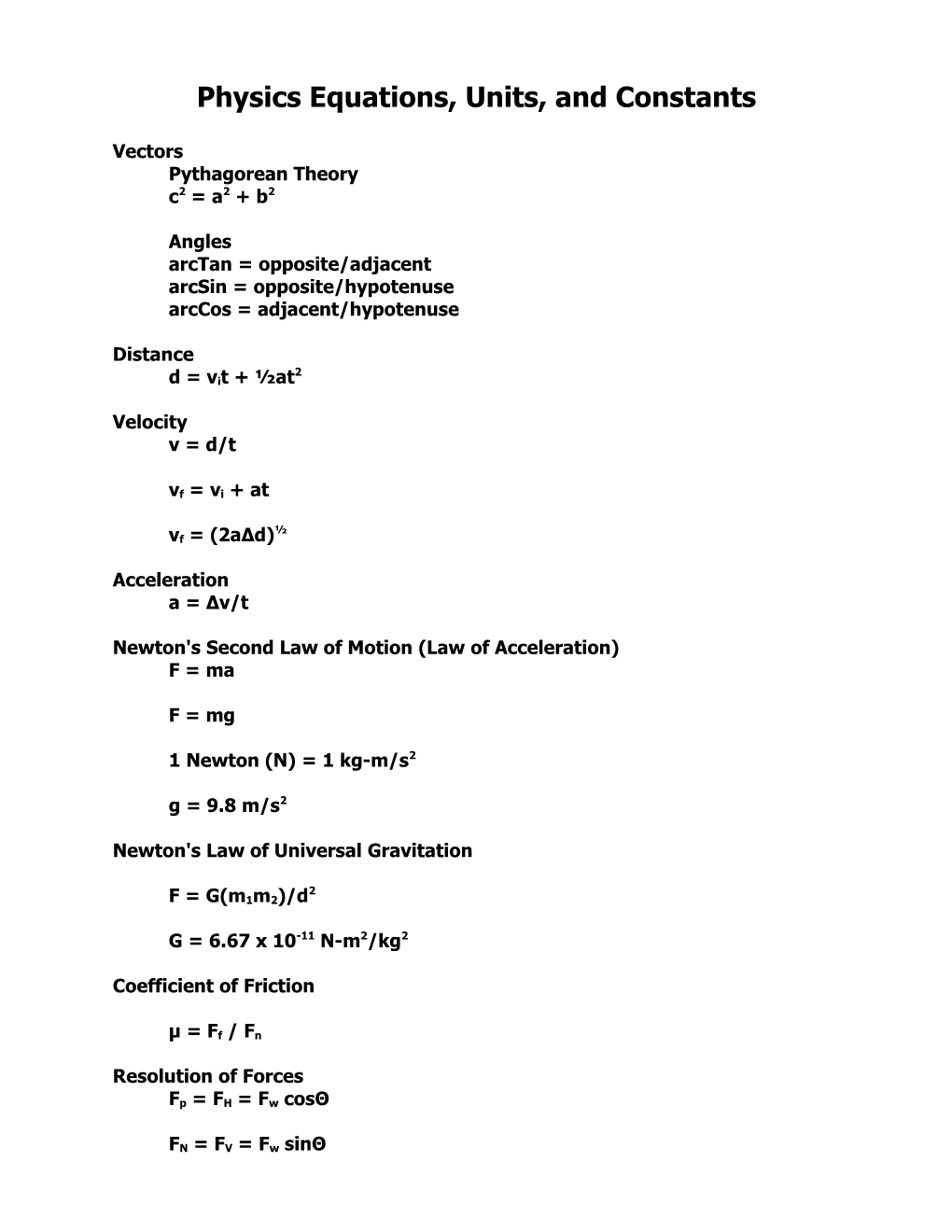 Physics Equations, Units, and Constants