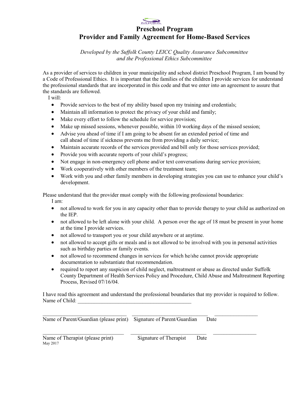 Provider and Family Agreement for Home-Based Services
