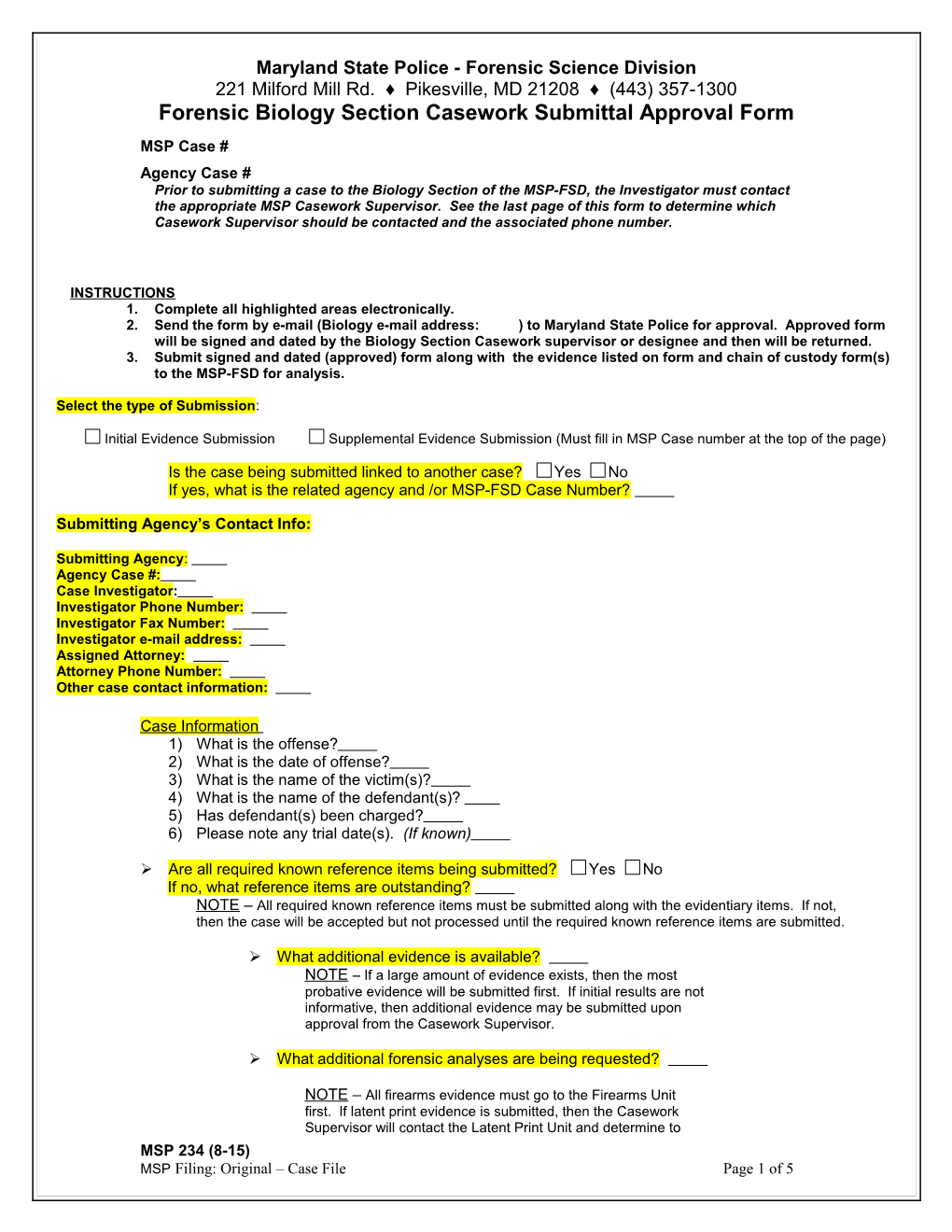 Forensic Biology Section Casework Submittal Approval Form