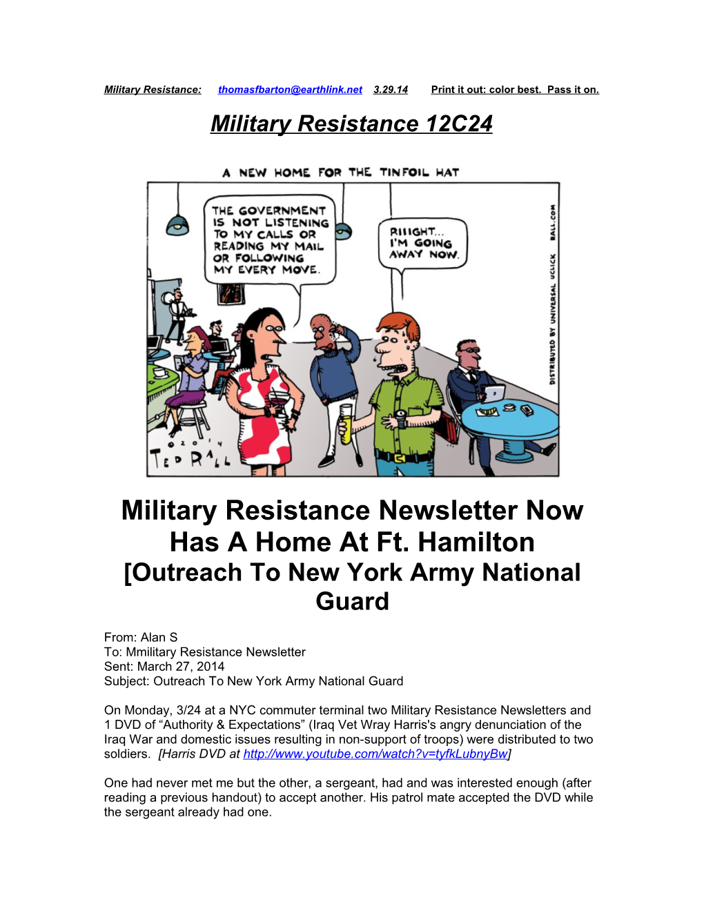Military Resistance Newsletter Now Has a Home at Ft. Hamilton