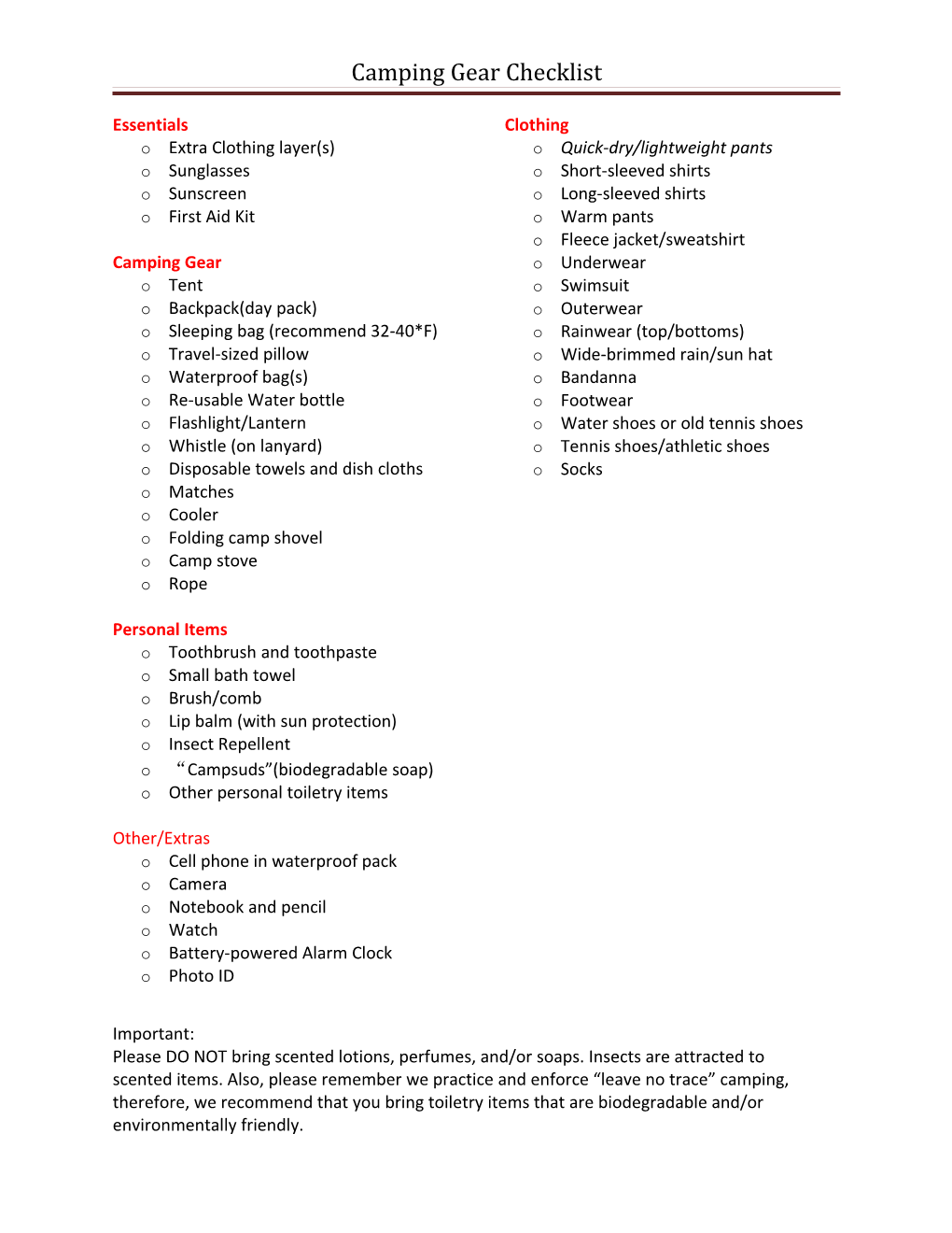 Camping Gear Checklist