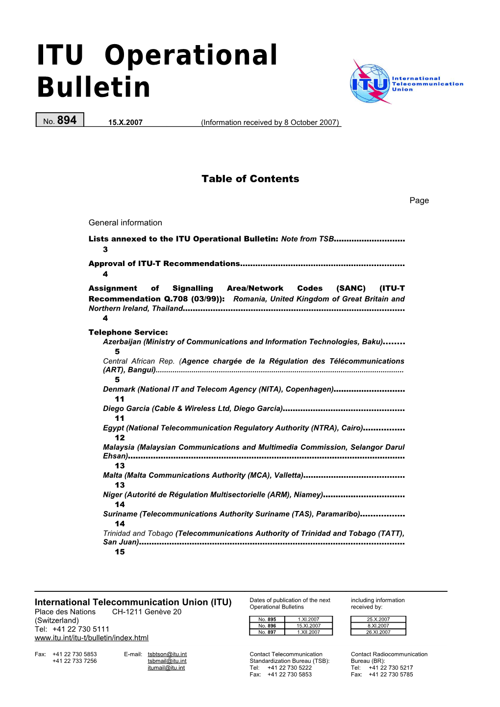 ITU Operational Bulletin No.894 Du 15.X.2007