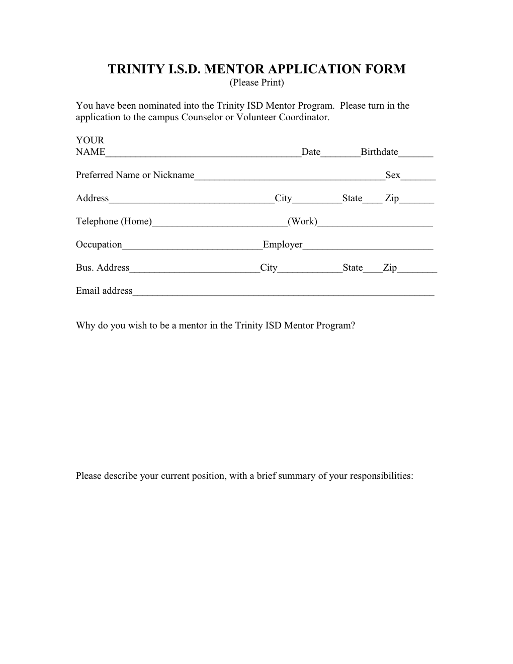 Trinity I.S.D. Mentor Application Form