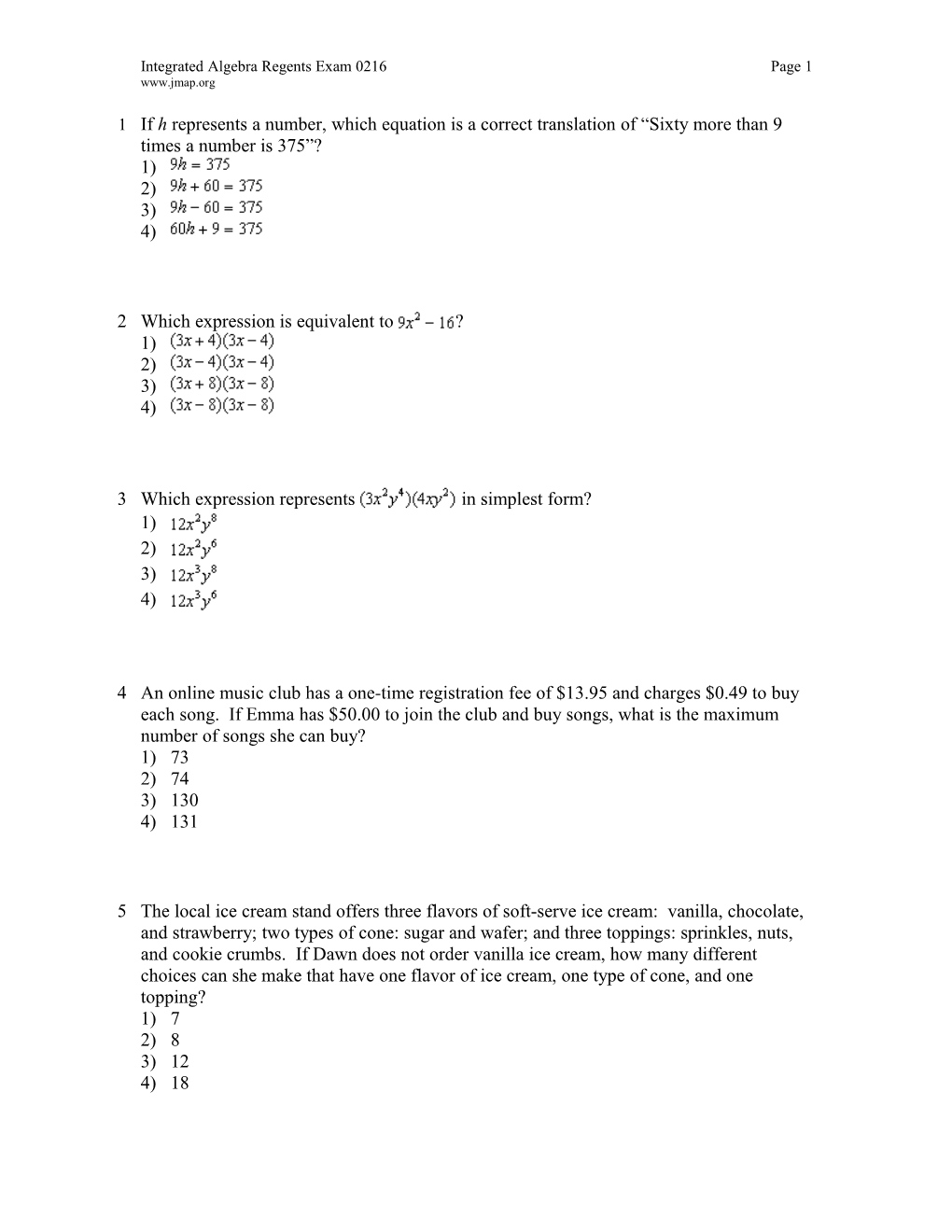 February 2016 Integrated Algebra Regents Exam