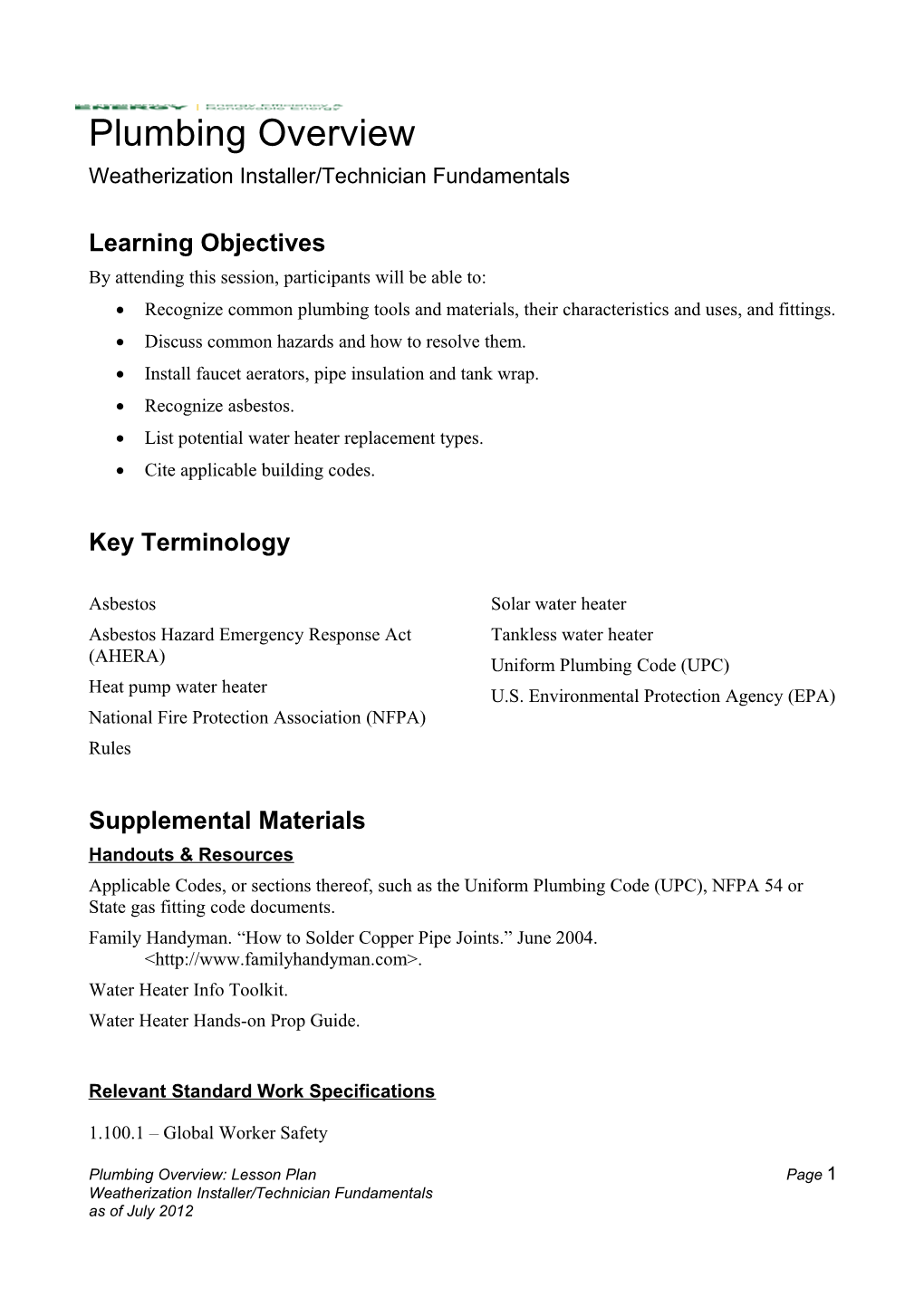 Plumbing Overview Weatherization Installer/Technician Fundamentals