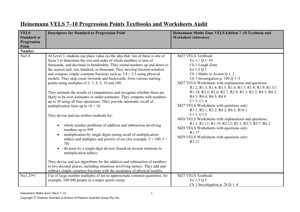 Heinemann VELS 7 10 Progression Points Textbooks and Worksheets Audit