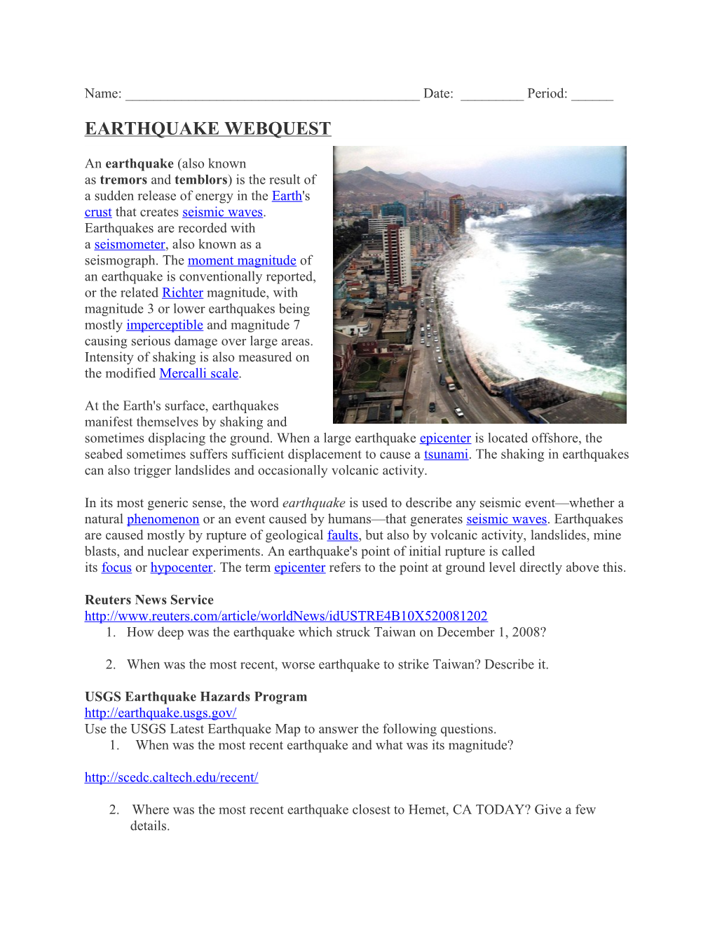 Earthquake Webquest