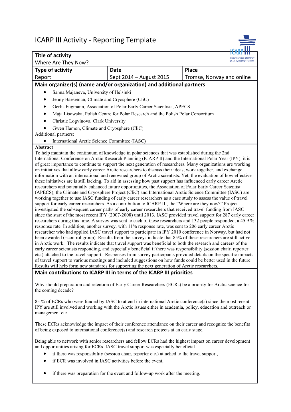 ICARP III Activity - Reporting Template