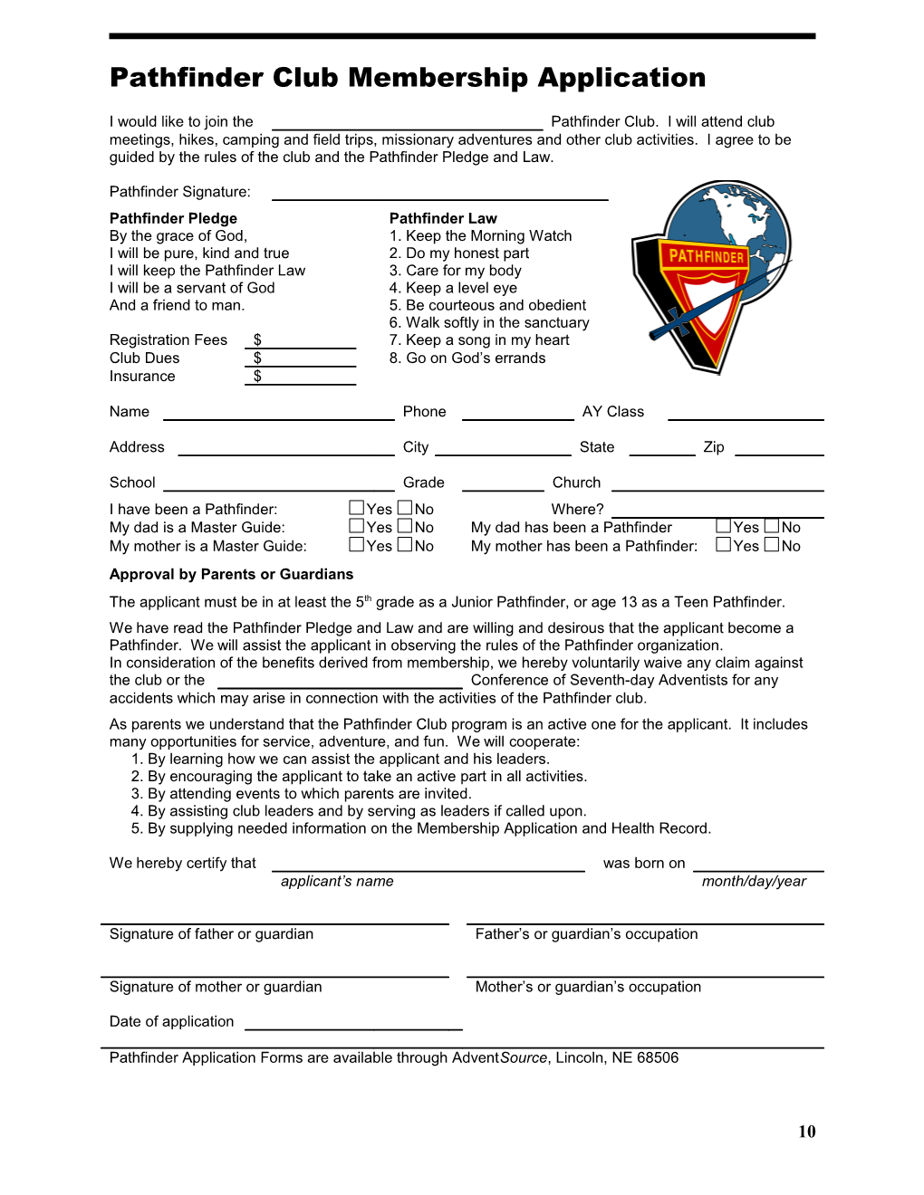 Pathfinder Club Membership Application