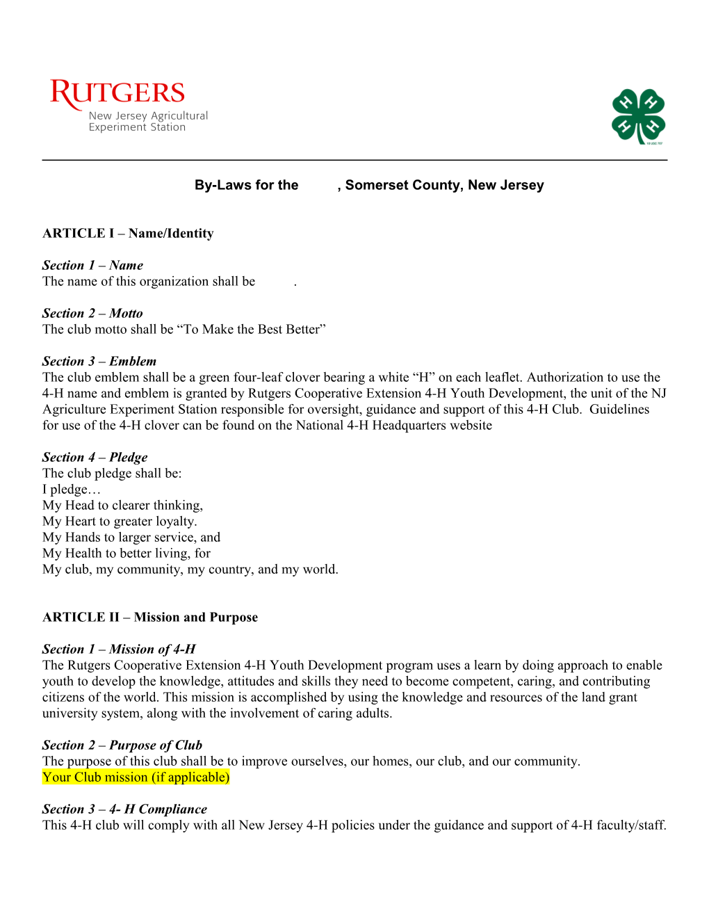 Constitution for the ______ 4-H Club, Burlington County New Jersey