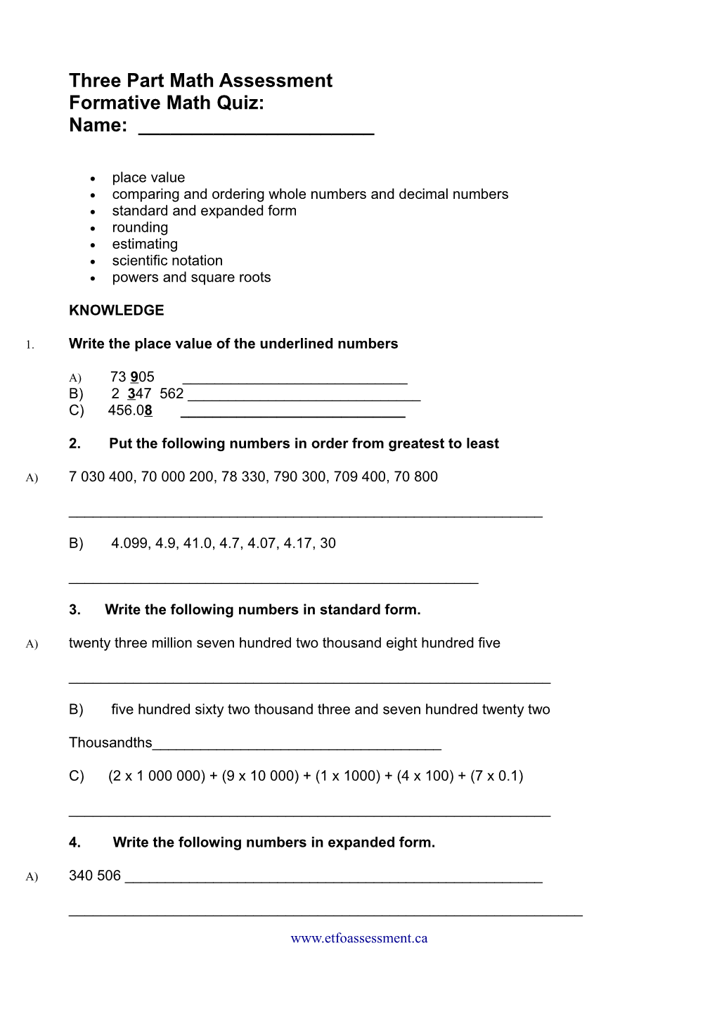 Three Part Math Assessment