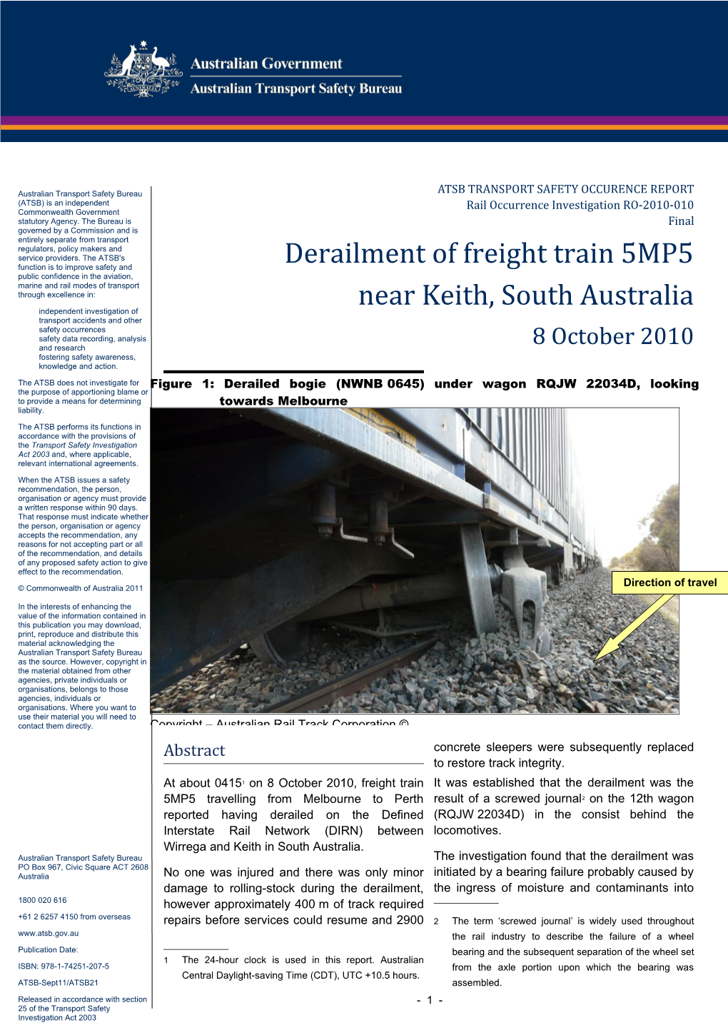 Derailment of Freight Train 5MP5 Near Keith, South Australia 8 October 2010