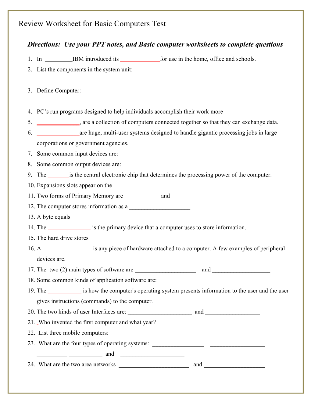 Review Worksheet for Basic Computers Test