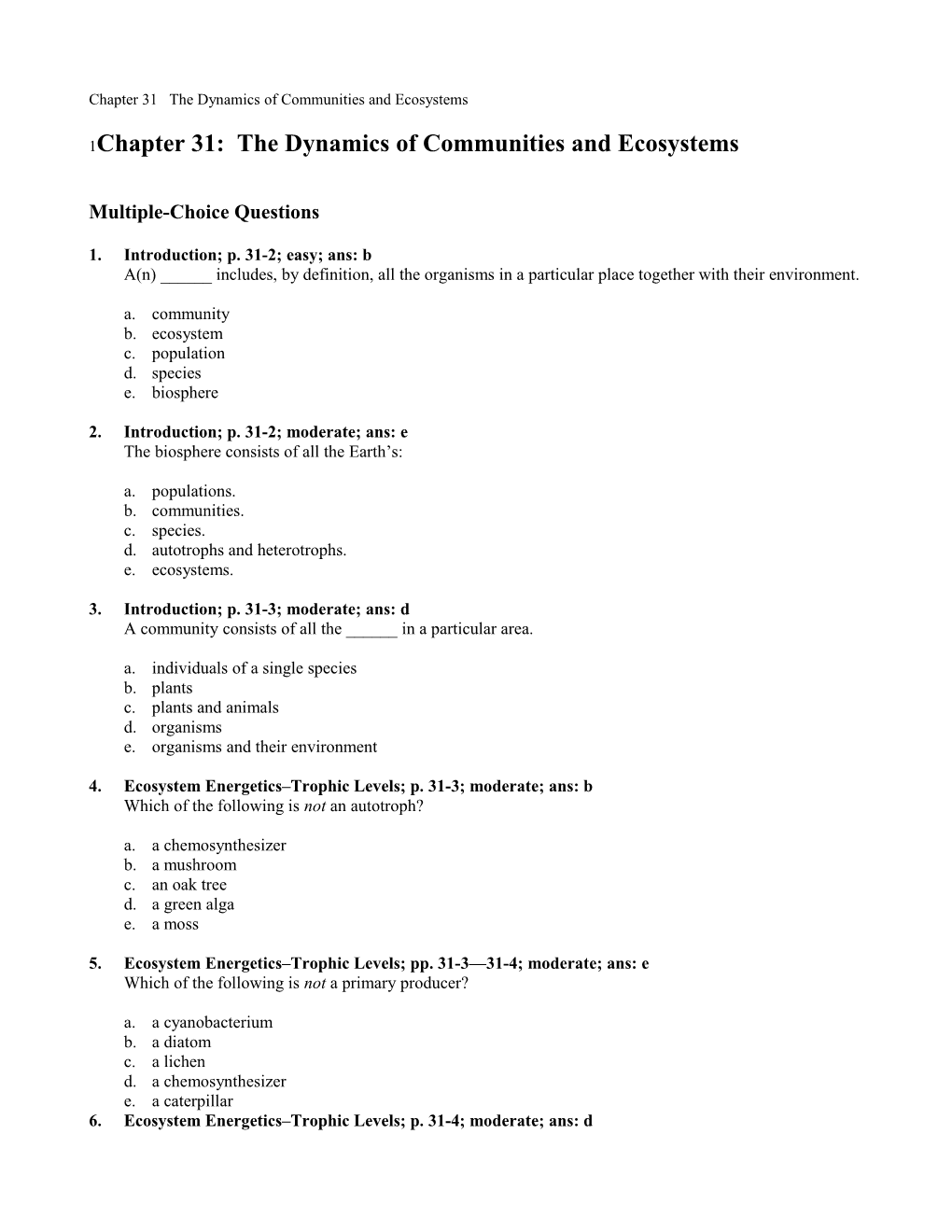 Chapter 31: the Dynamics of Communities and Ecosystems