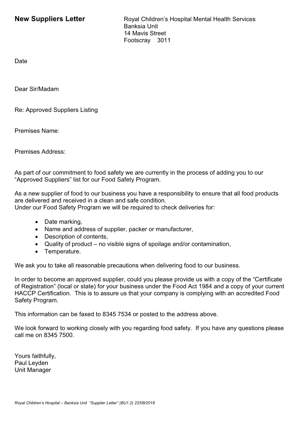 New Suppliers Letter Royal Children S Hospital Mental Health Services