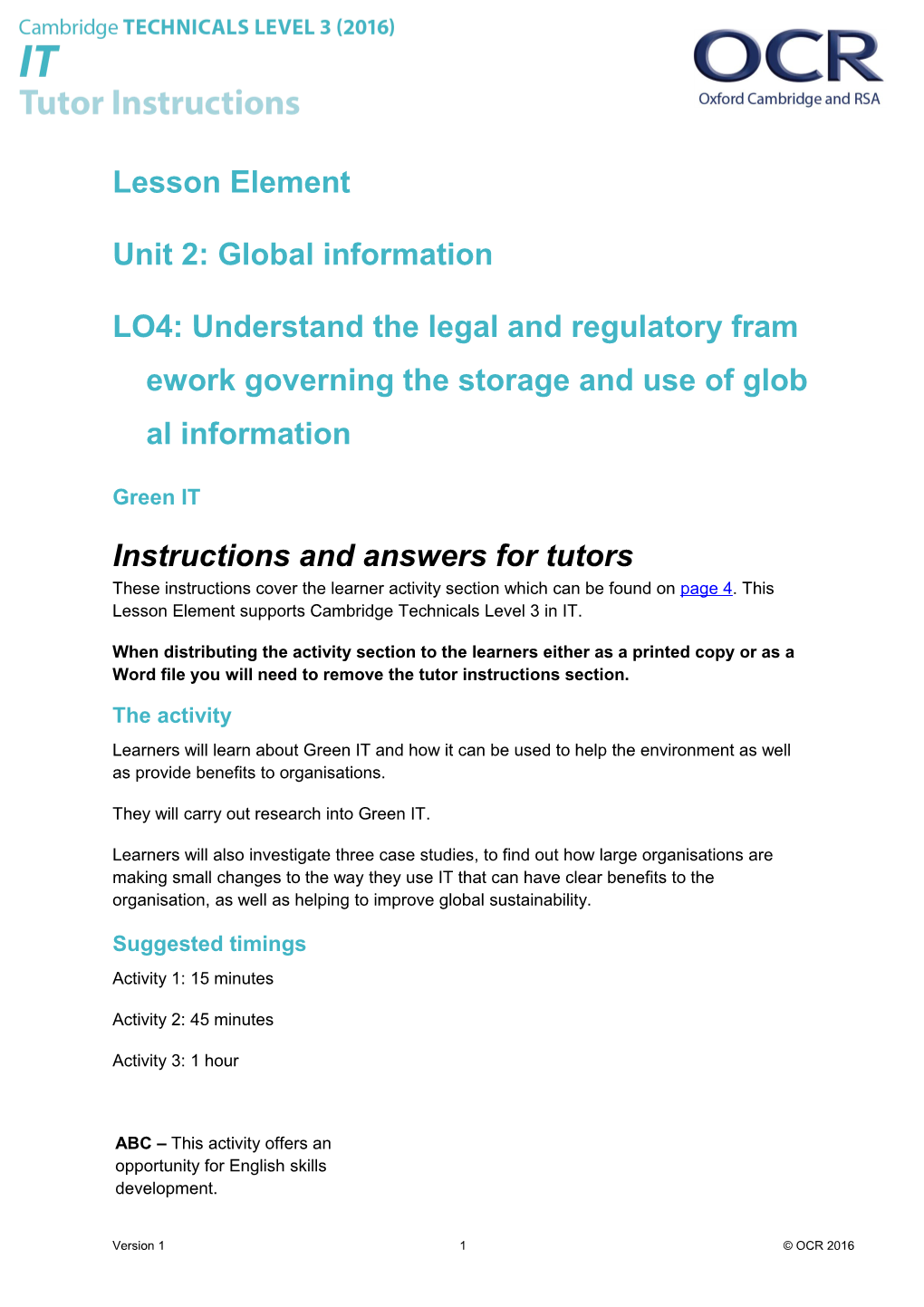 Cambridge Technicals Level 3 in IT U02 Lesson Element 1