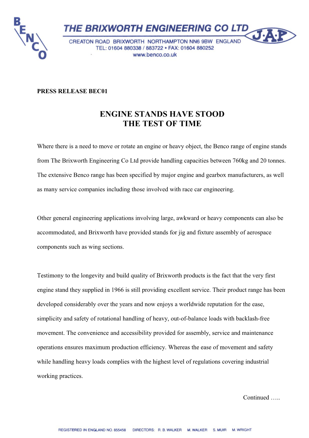 Press Release Bec01 - the Brixworth Engineering Co Ltd (Page 1 of 3)