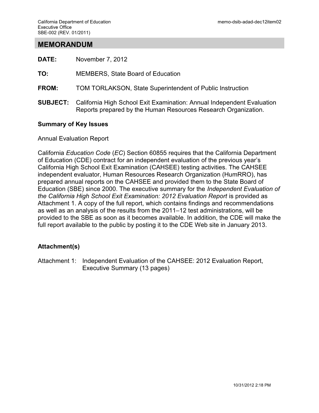 December 2012 Memorandum ADAD Item 2 - Information Memorandum (CA State Board of Education)