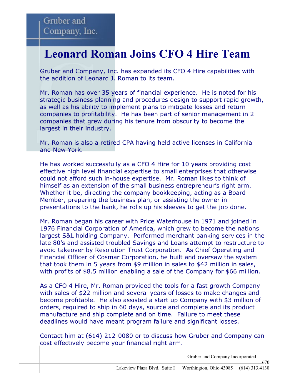 Leonard Roman Joins CFO 4 Hire Team