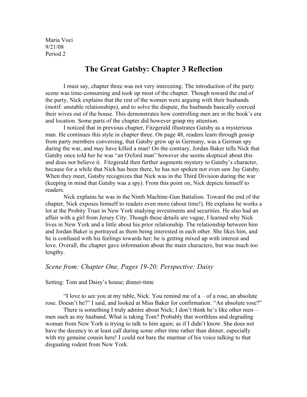 The Great Gatsby: Chapter 3 Reflection