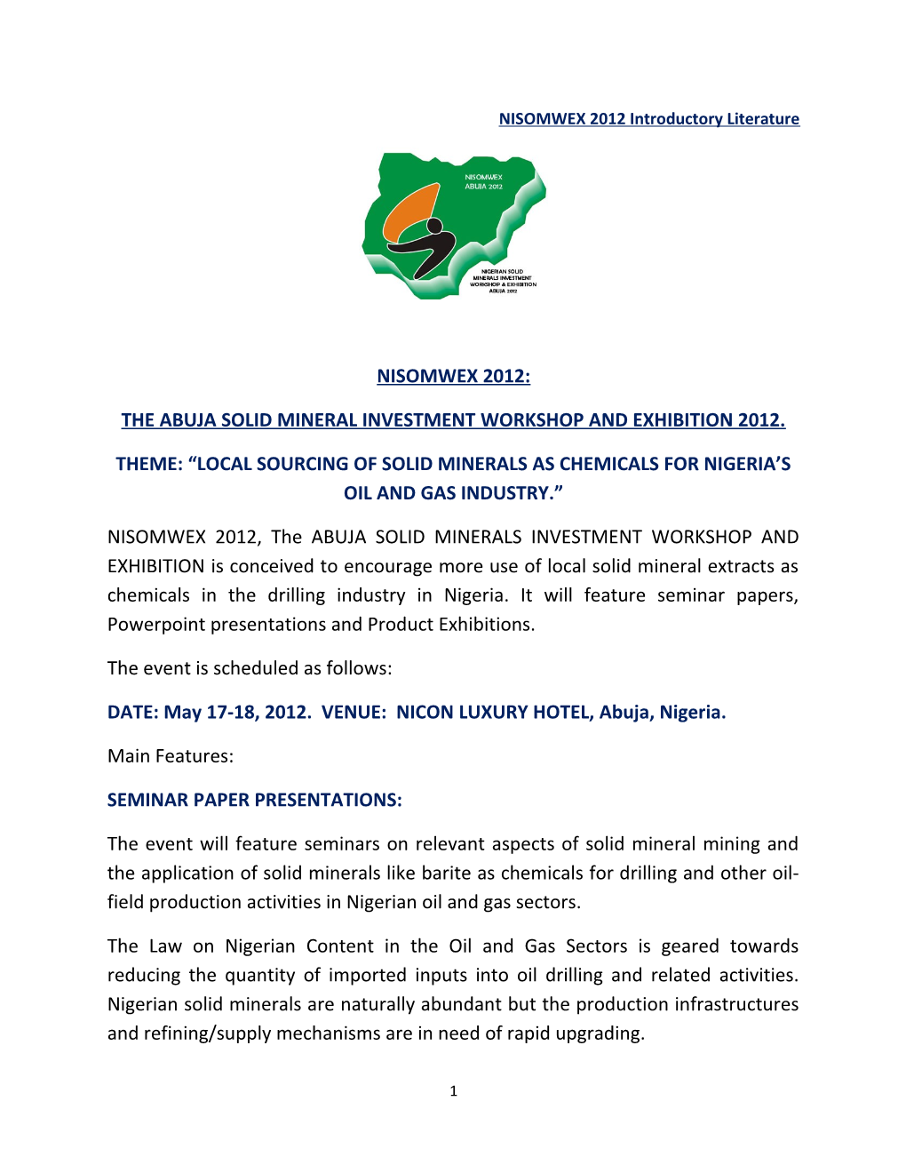 The Abuja Solid Mineral Investment Workshop and Exhibition 2012