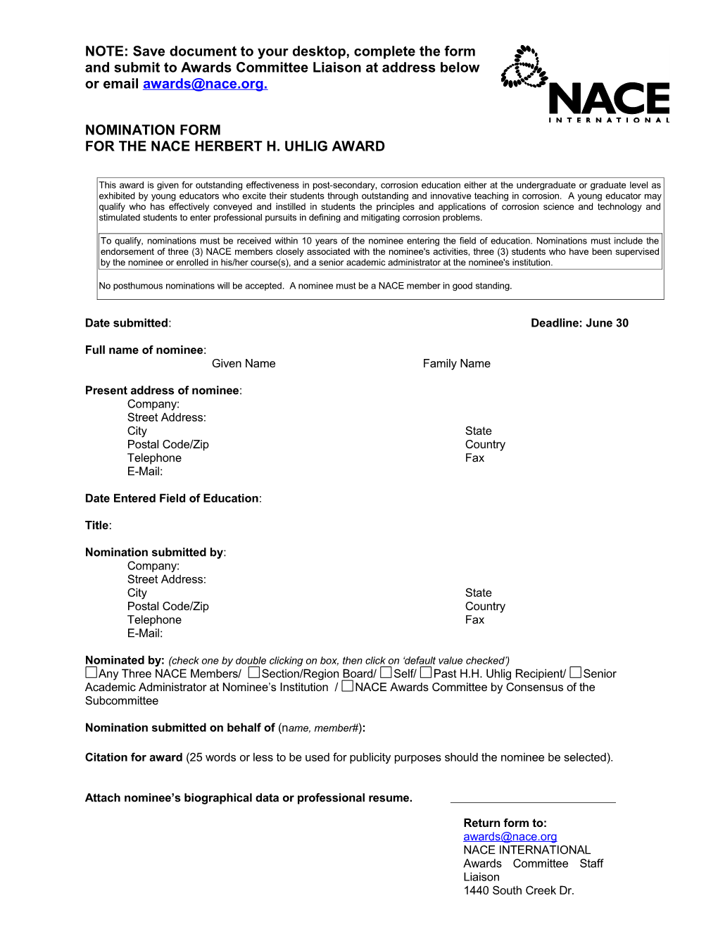 Nomination Form for the Nace Herbert H. Uhlig Award
