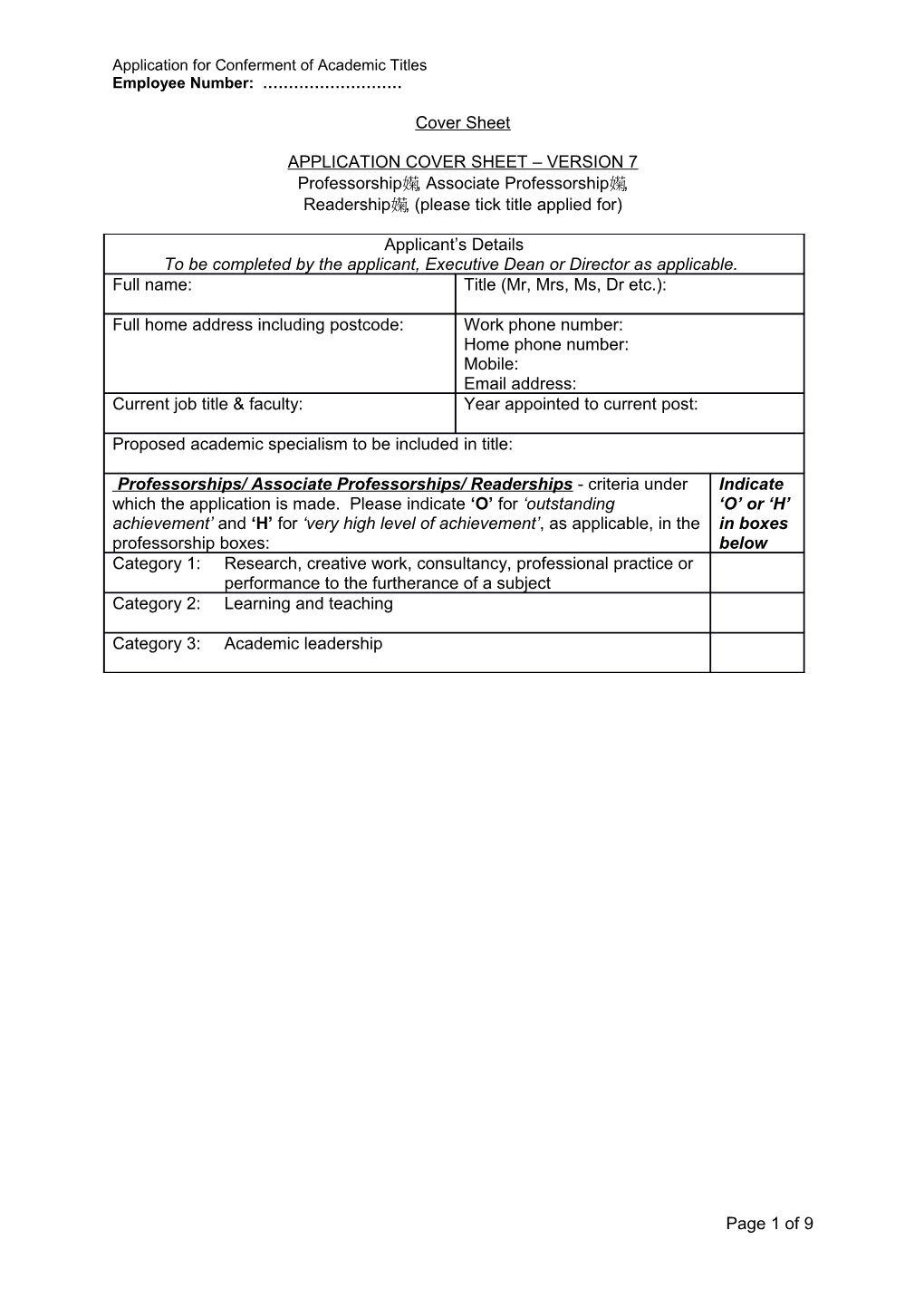 Application for Conferment of Academic Titles