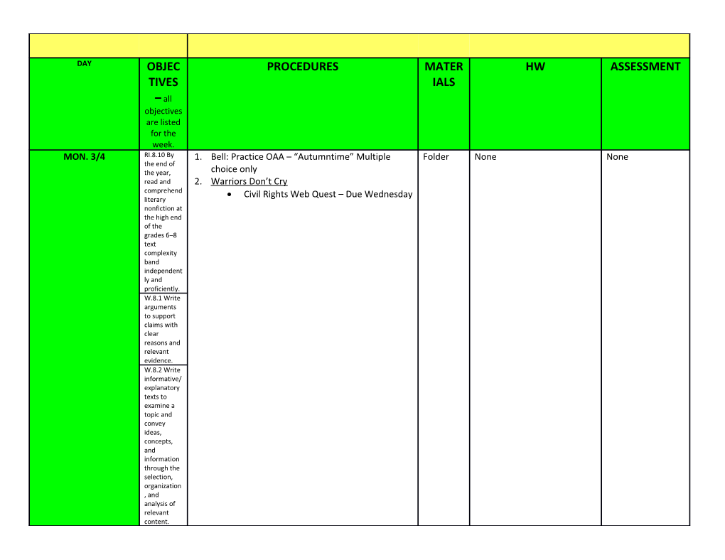 Bell: Practice OAA Autumntime Multiple Choice Only