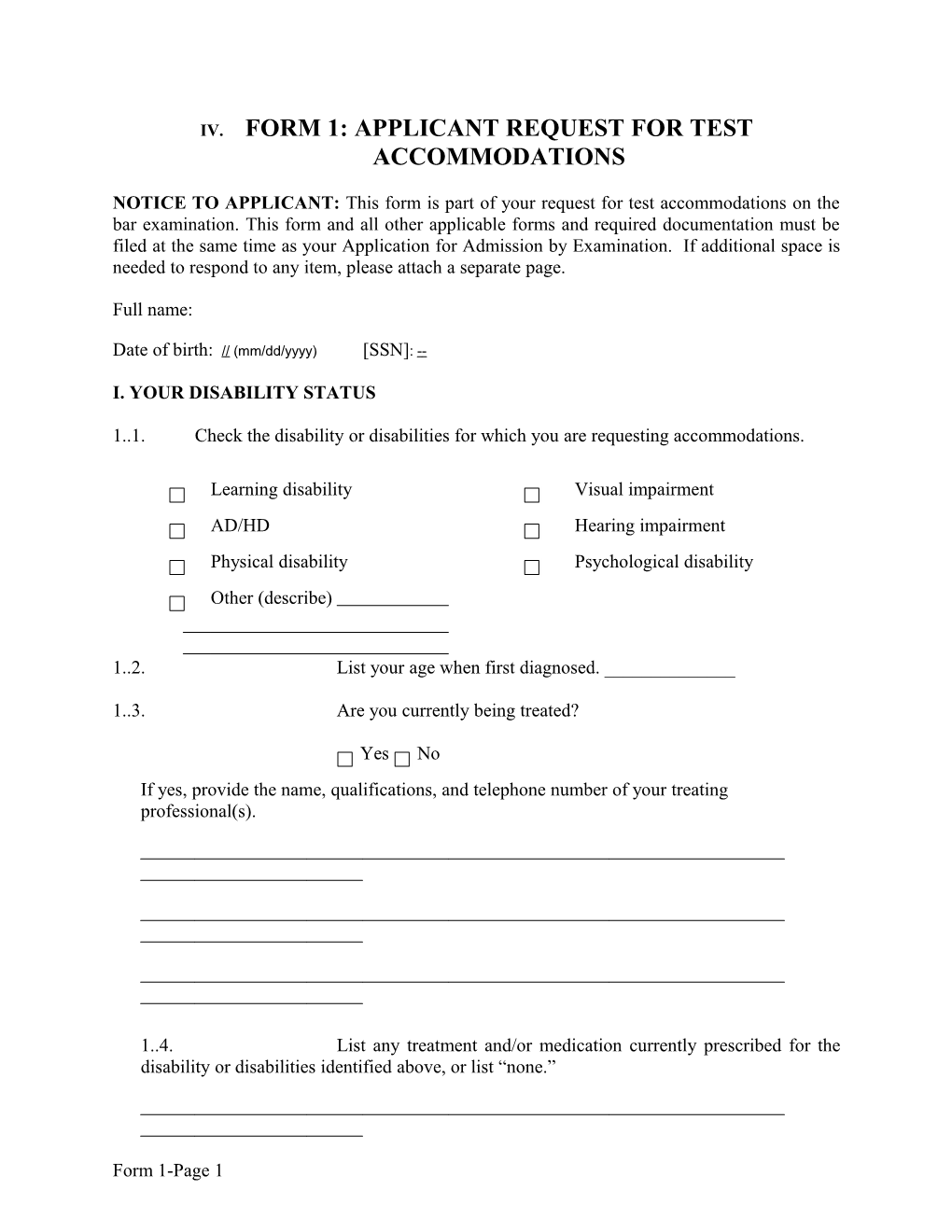 Form 1: Applicant Request for Test Accommodations