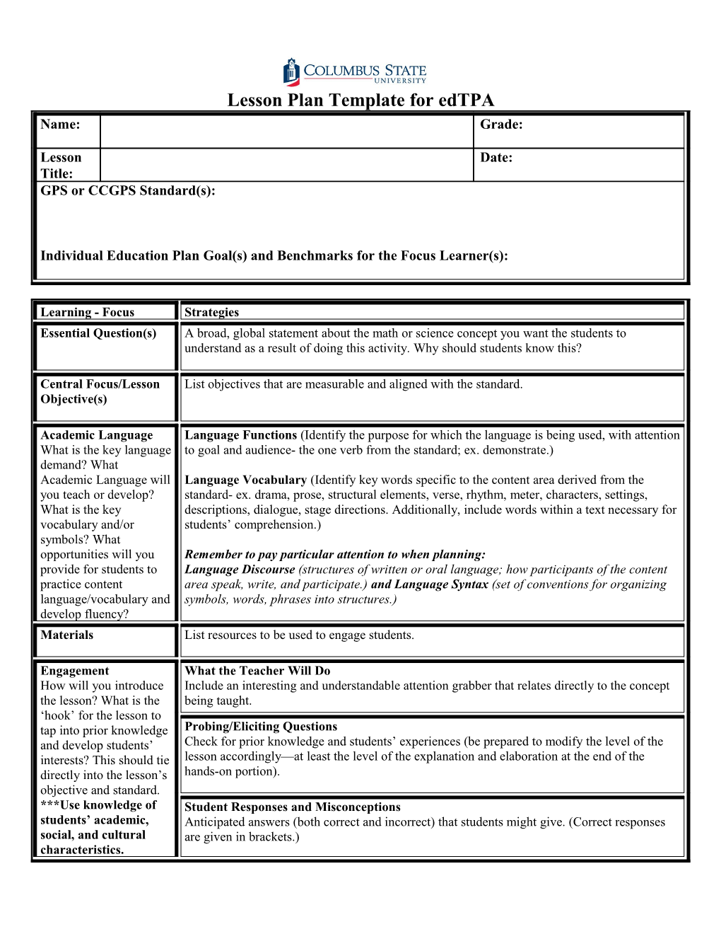 Lesson Plan Template for Edtpa