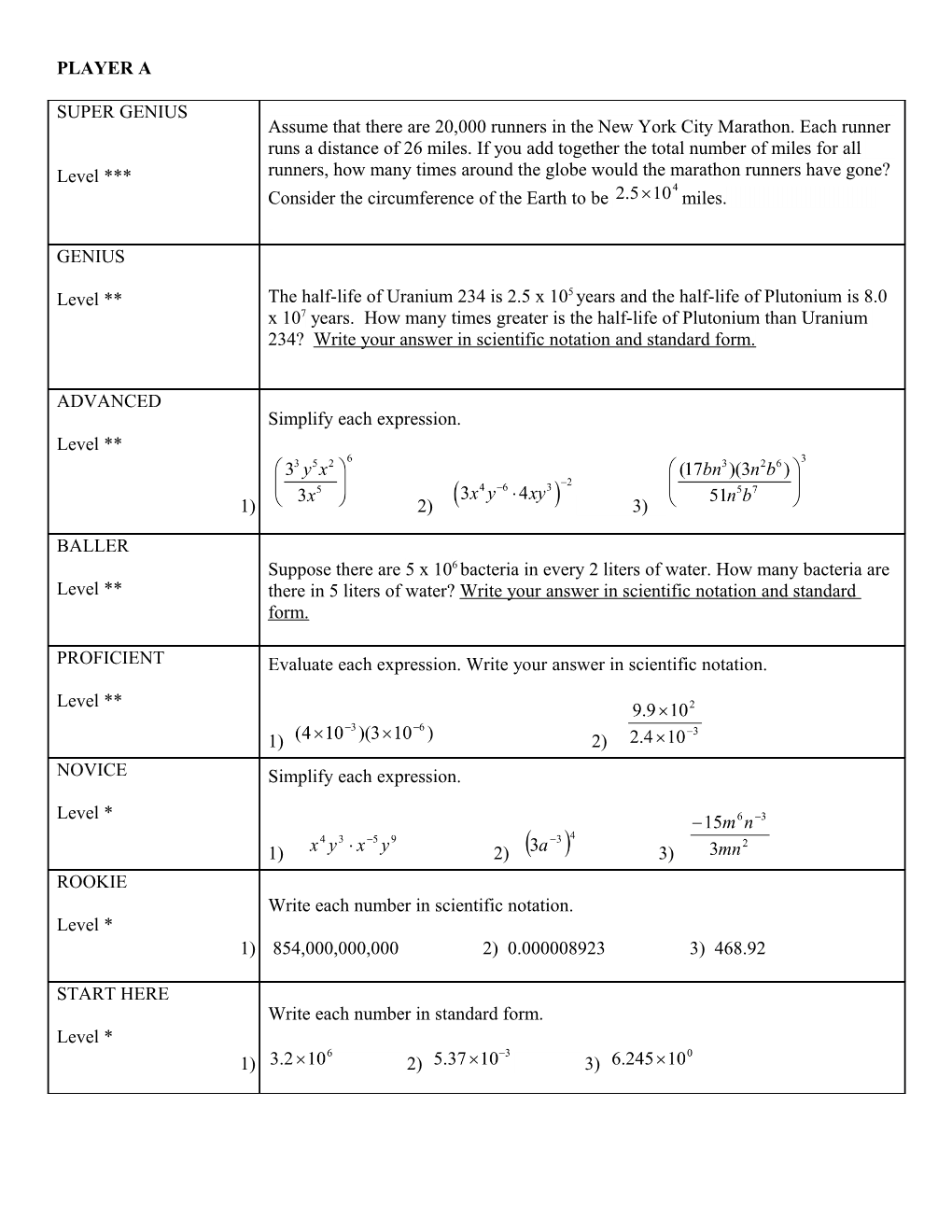 PLAYER a S (ANSWERS)