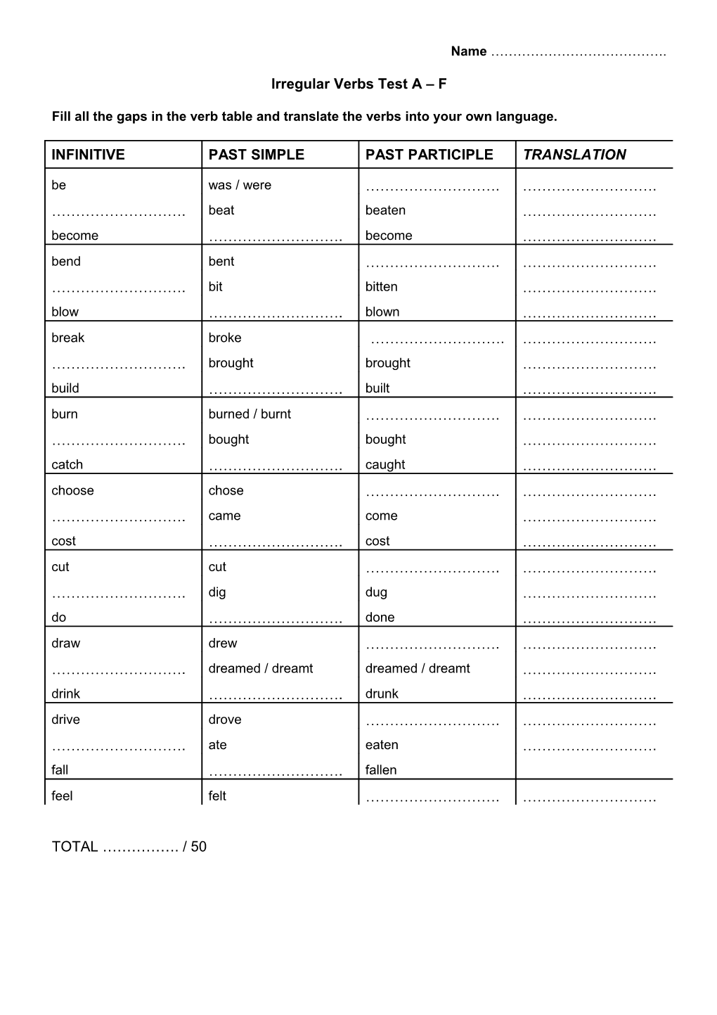 Irregular Verbs Test a F