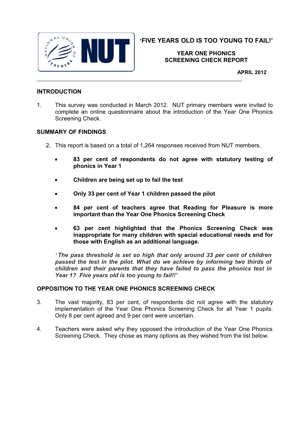 Year One Phonics Screening Check Survey