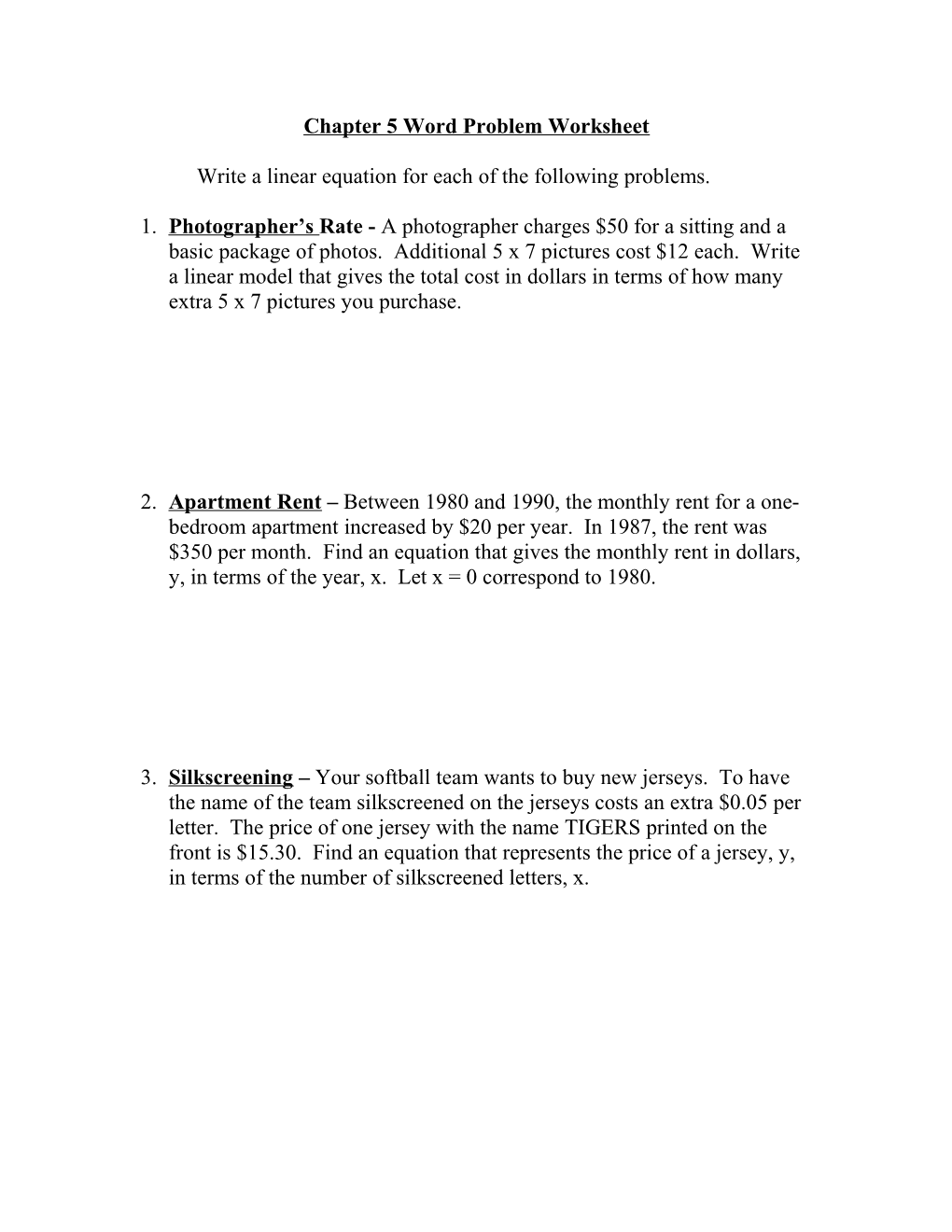 Chapter 5 Word Problem Worksheet