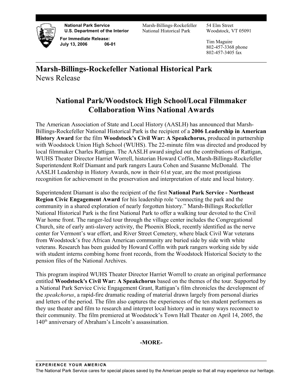 National Park/Woodstock High School/Local Filmmaker Collaboration Wins National Awards