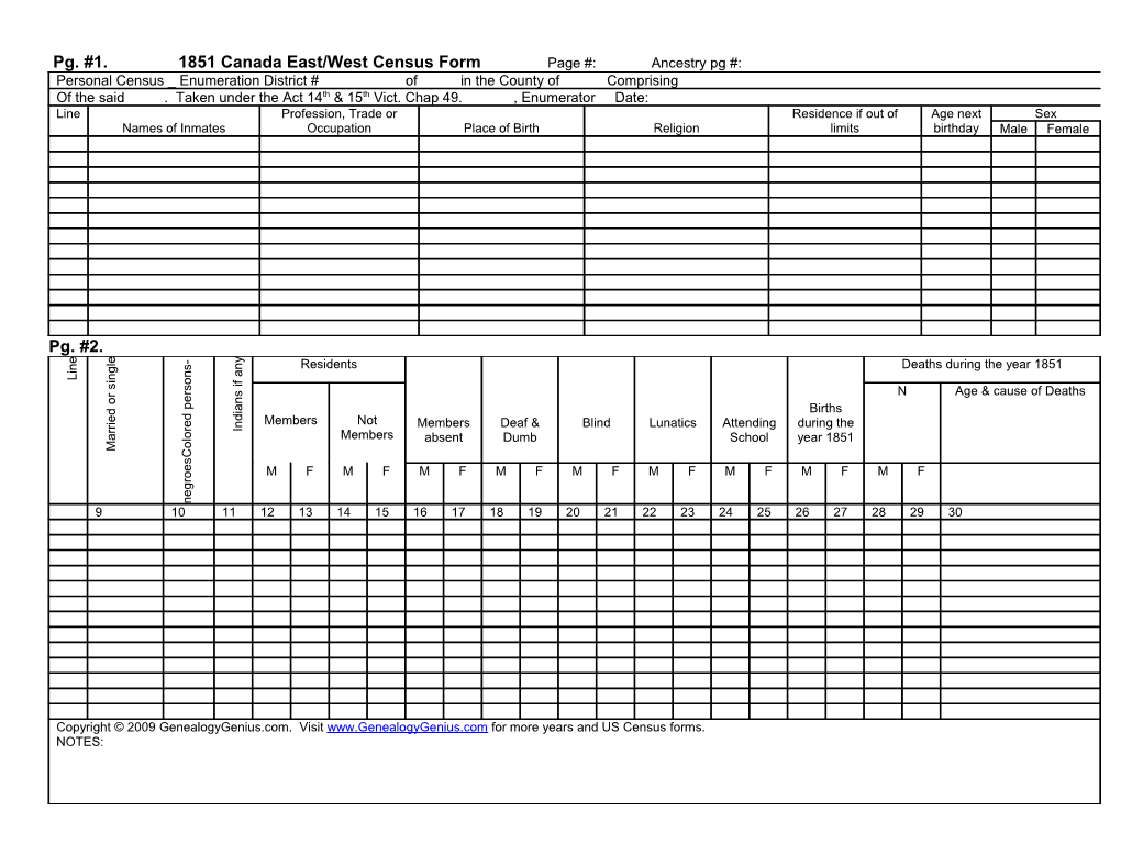 1851 Canada East/West Census Form