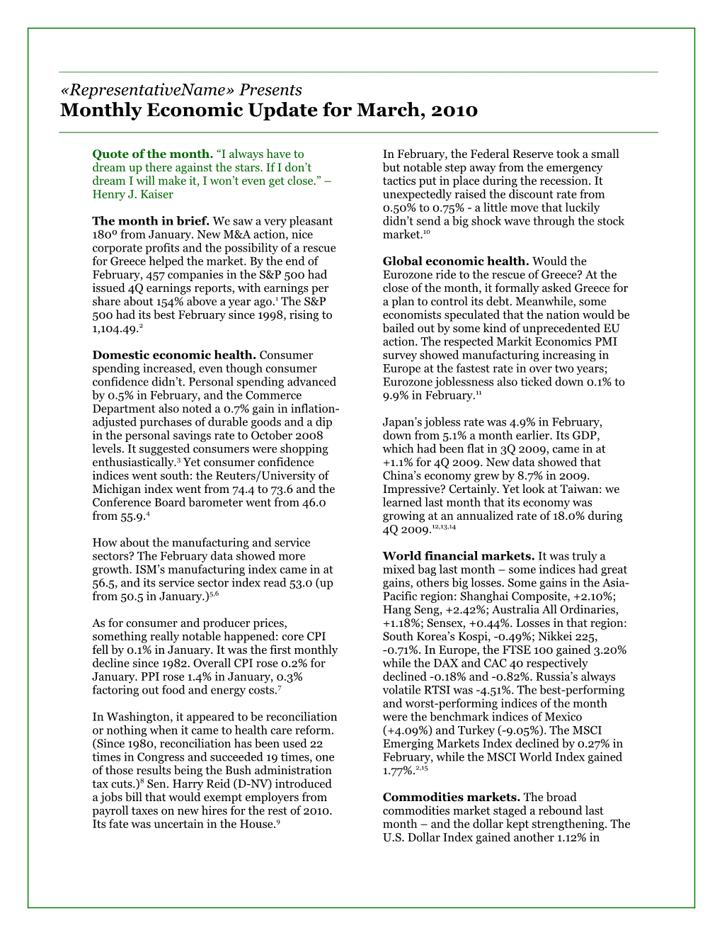 Monthly Economic Update for March, 2010