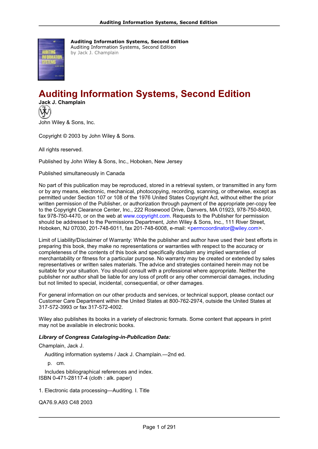 Auditing Information Systems, Second Edition