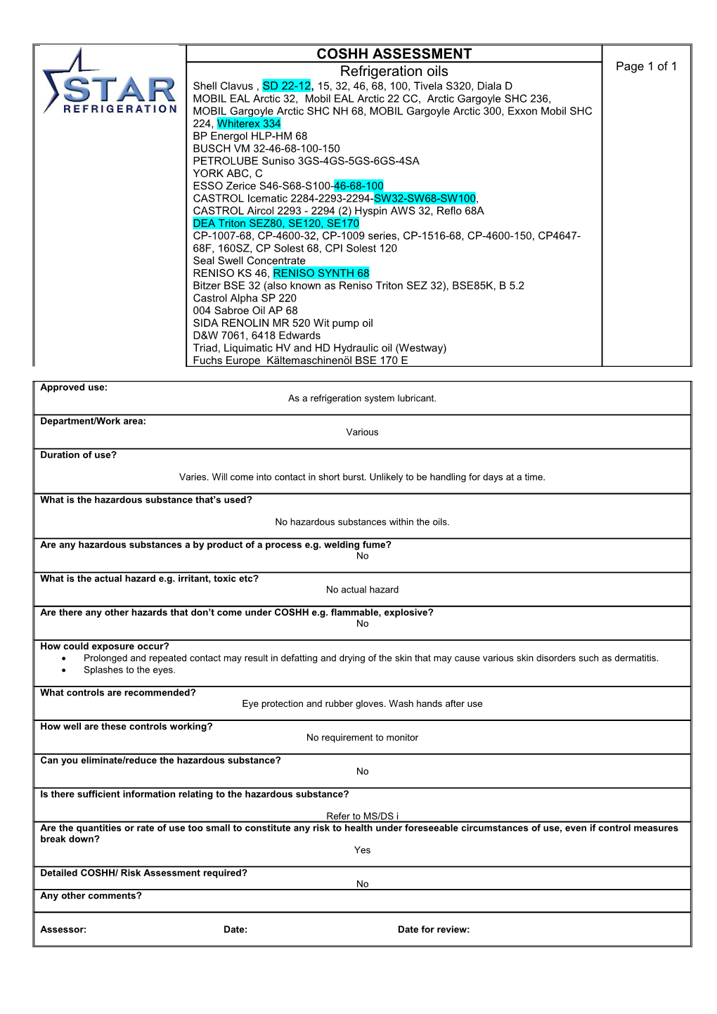 Coshh Assessment