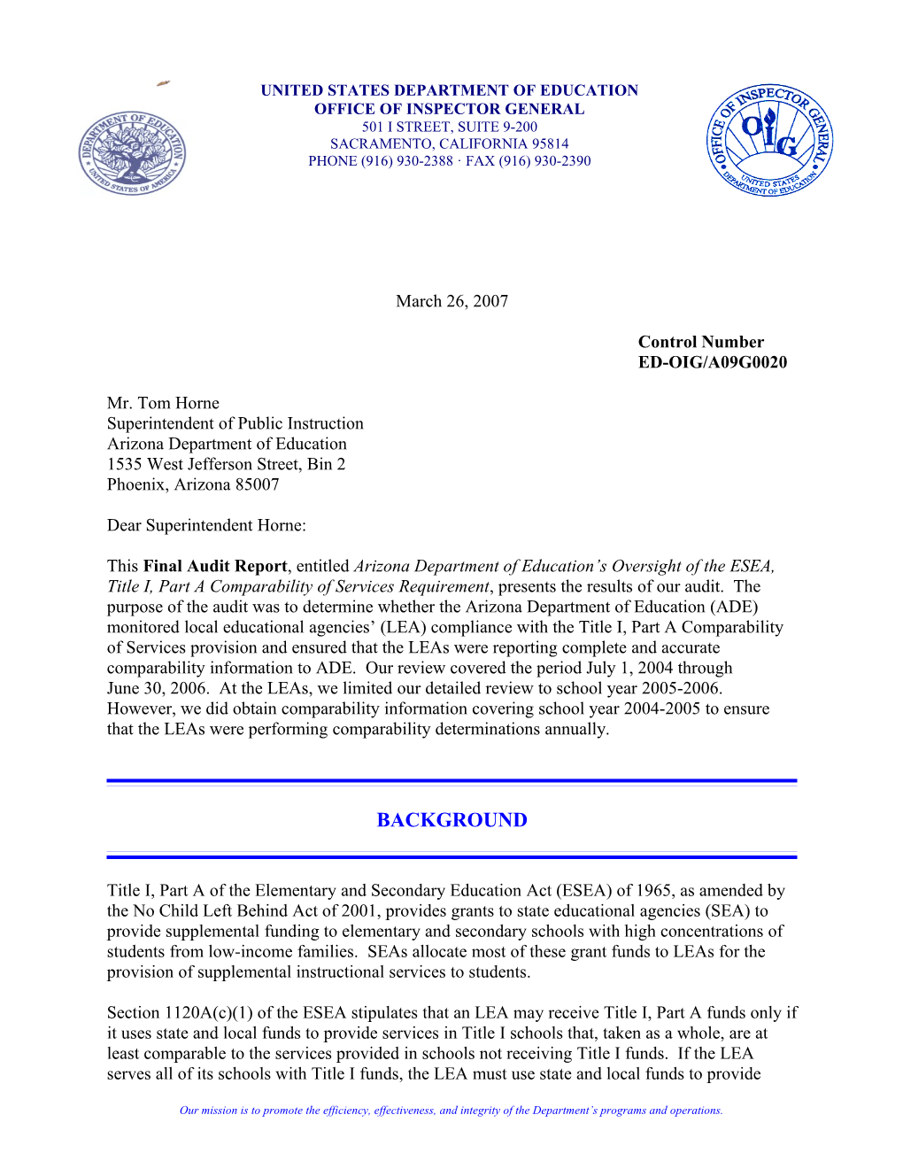 OIG Audit Report: Arizona Department of Education S Oversight of the ESEA, Title I, Part