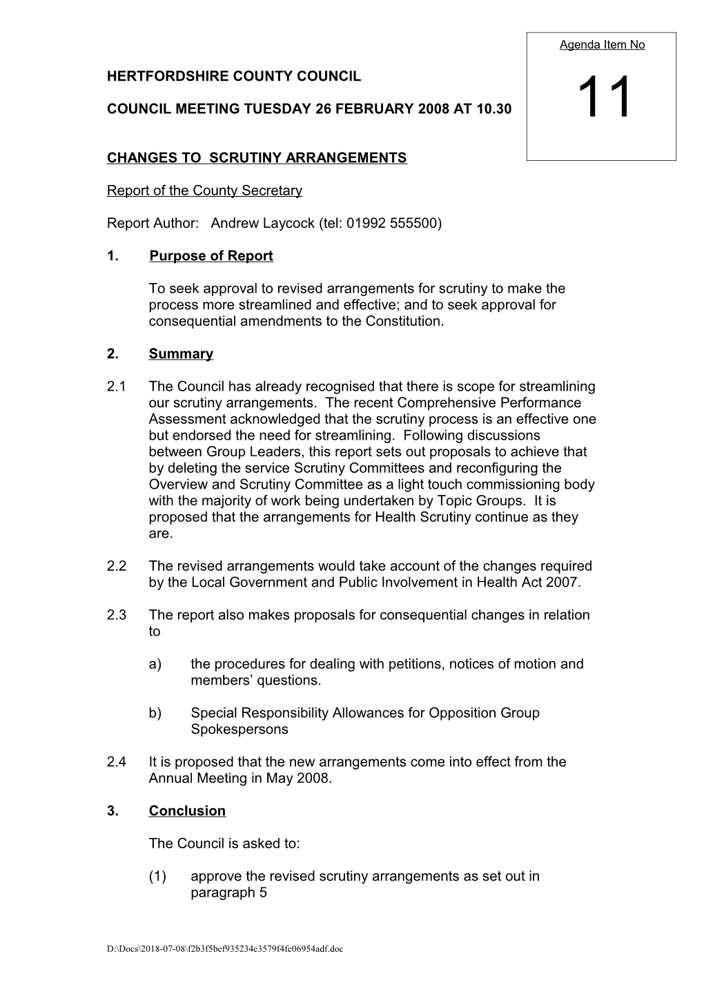 Council Meeting Tuesday 26 February 2008 at 10.30