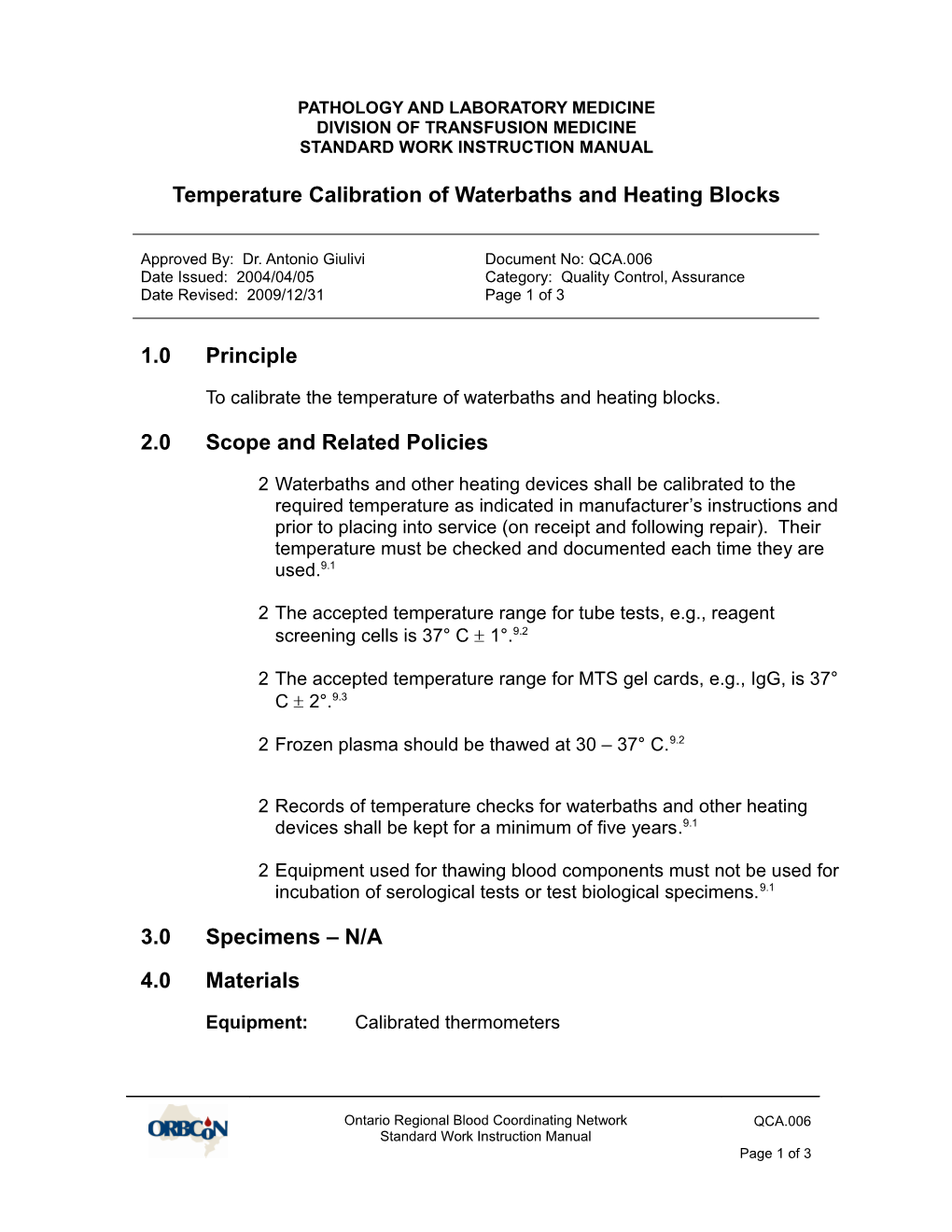 QCA.006 - Temperature Calibration of Waterbaths and Heating Blocks