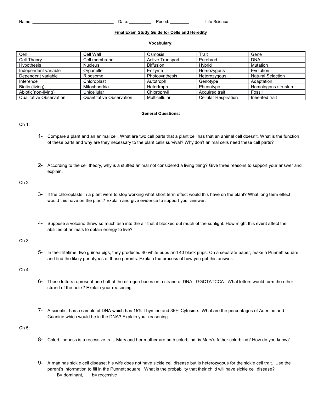 Final Exam Study Guide for Cells and Heredity