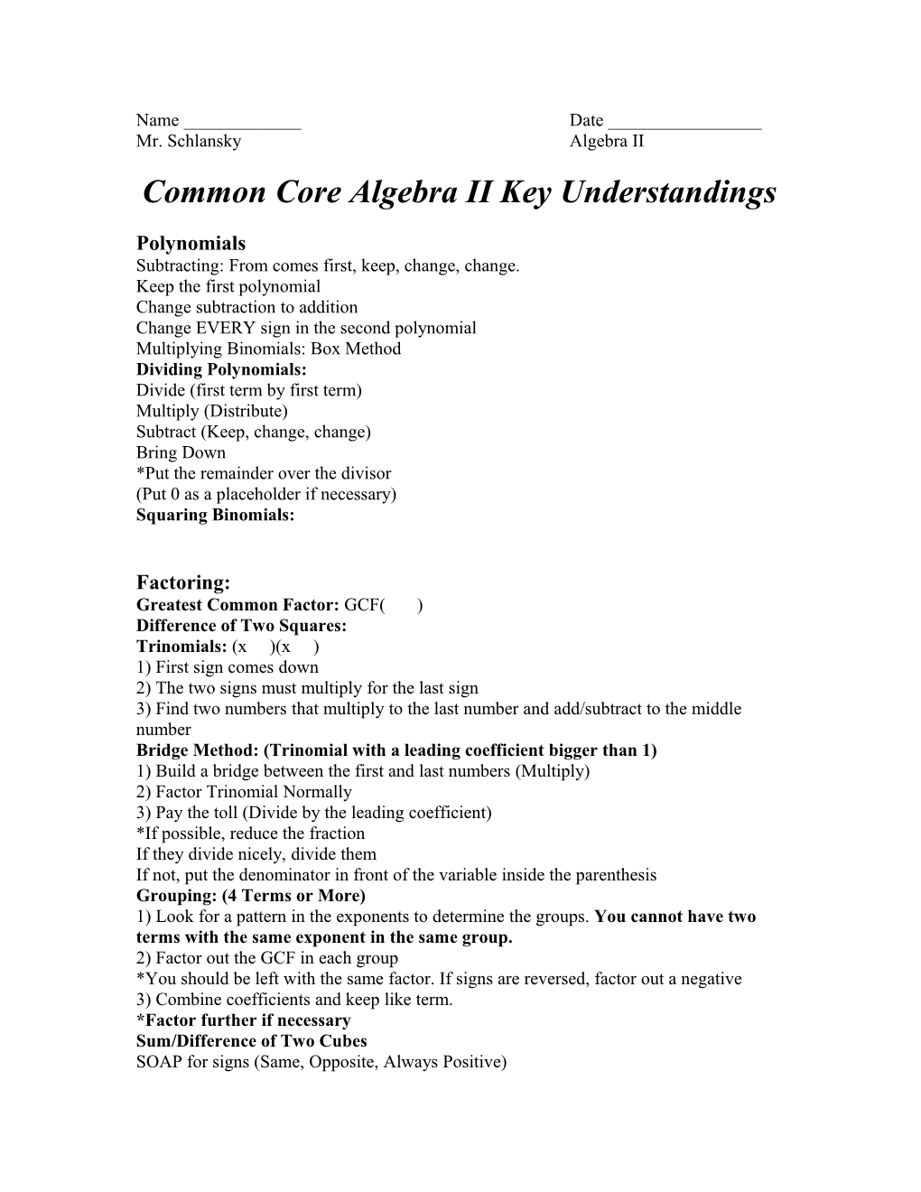 Common Core Algebra II Key Understandings