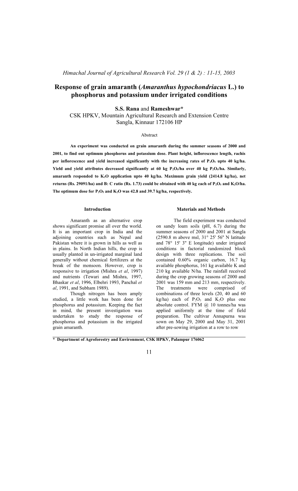 Response of Grain Amaranth (Amaranthus Hypochondriacus L.) to Phosphorus and Potassium